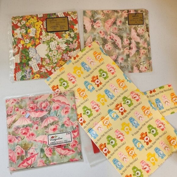 Vintage Other - Lot of 1980s Wrapping Paper Care Bears Floral Happy Birthday Umbrella Kitsch